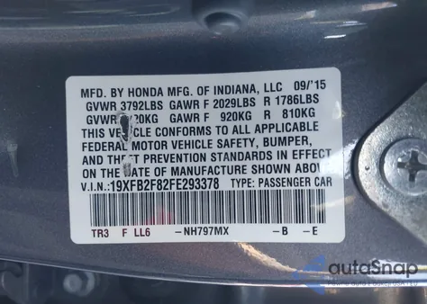 2015 Honda Civic Ex из США, поврежденный, VIN 19XFB2F82FE293378